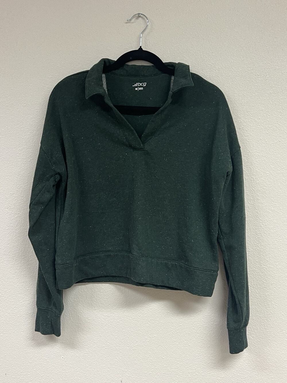 BCG Womens M Forest Green Collared Sweatshirt Cropped Boxy Fleece Dark Academia